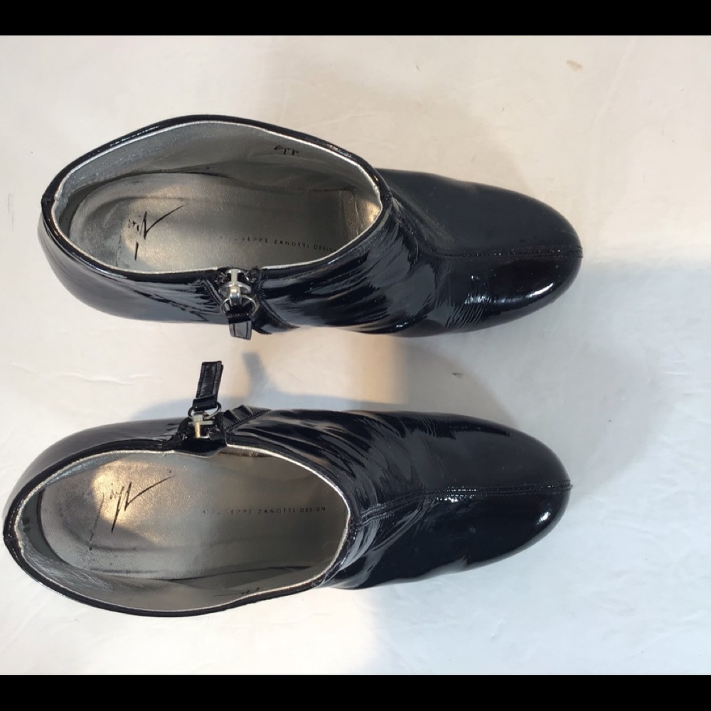 GIUSEPPE ZANOTTI BLK PATENT LEATHER ANKLE BOOTIES LEOPARD HEELS EUR 37.5 US 7.5 - Picture 13 of 16